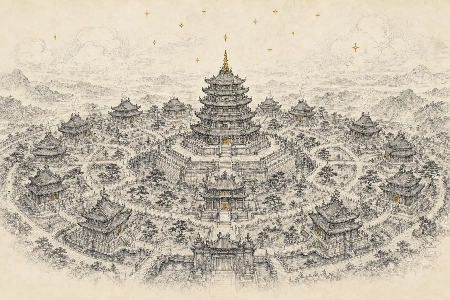 紫微宫殿 · 12 宫环绕中央紫微帝座的鸟瞰水墨图